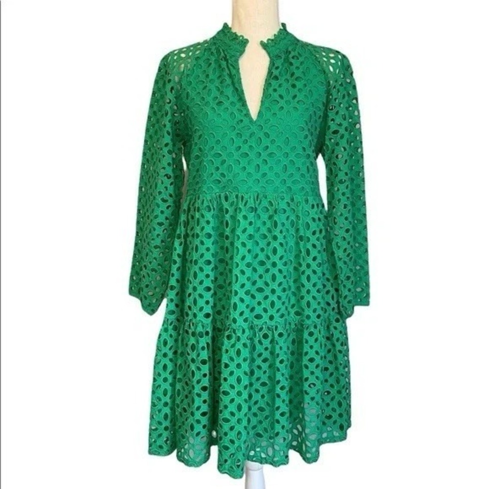 J. Crew Green Eyelet Lace Tiered Long Sleeve Dress NWT Women's Size XS/Small